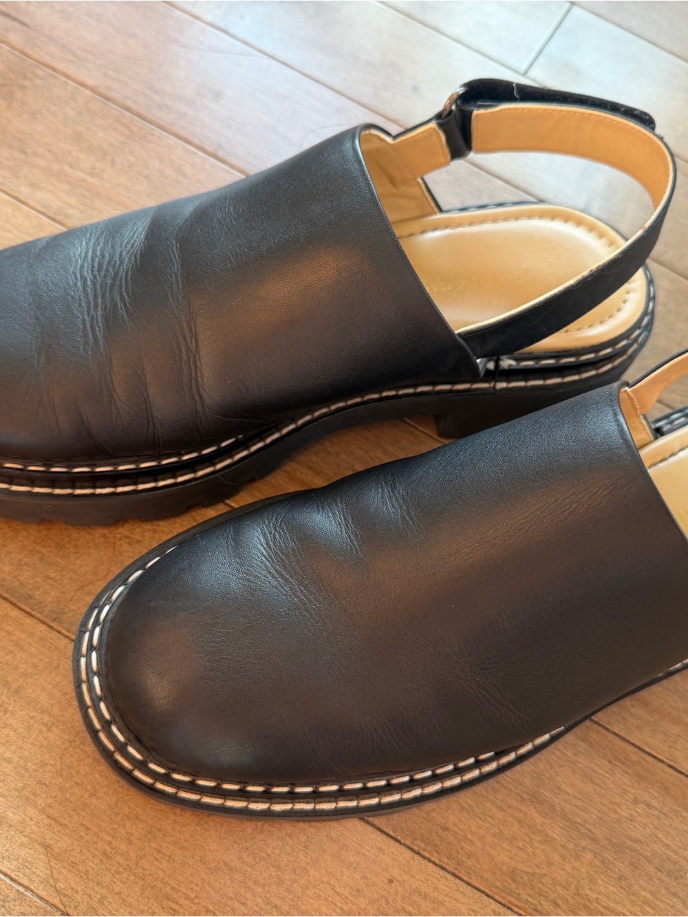 Poppy Barley Black Leather Slingback Clogs with Lug Sole - Picture 2 of 4